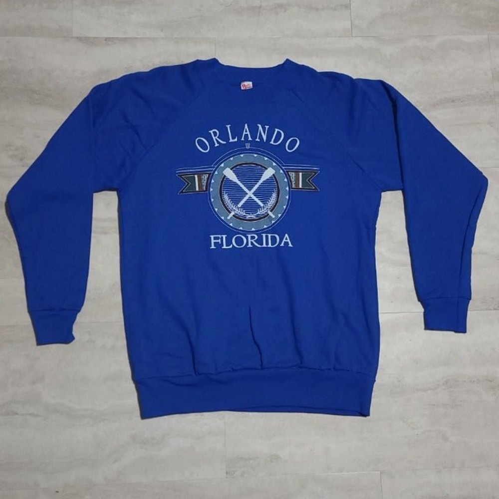 Vintage Orlando Florida Oar Graphic Blue Textile Prints Crewneck Sweater Large